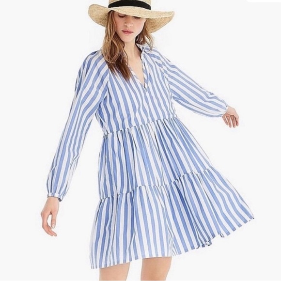J.CREW Tiered Organic Cotton Poplin Long Sleeve Mini Dress Blue Barrie Stripe - Picture 11 of 11